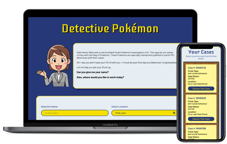 MacBook Pro and iPhone displaying Detective Pokemon website on screen